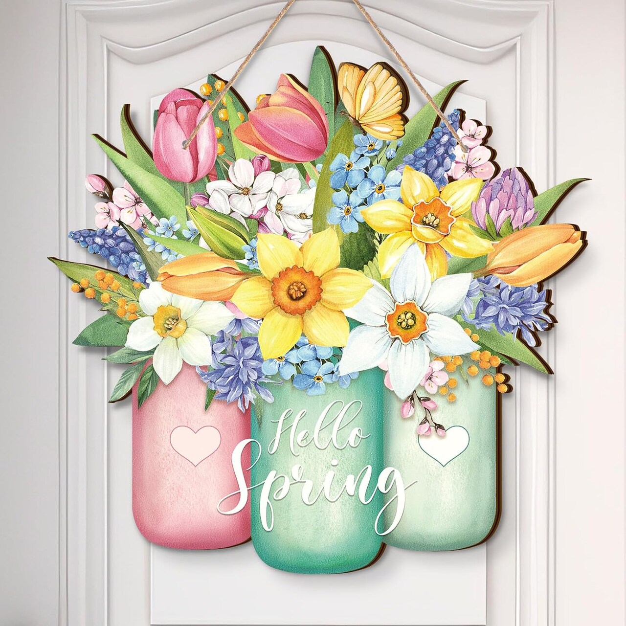 Spring Flower Door Sign Easter Bunny Decor Hello Spring Decorations Welcome Sign for Front Door Colorful Wooden Hanging Decorations for Home Indoor Outdoor Farmhouse
